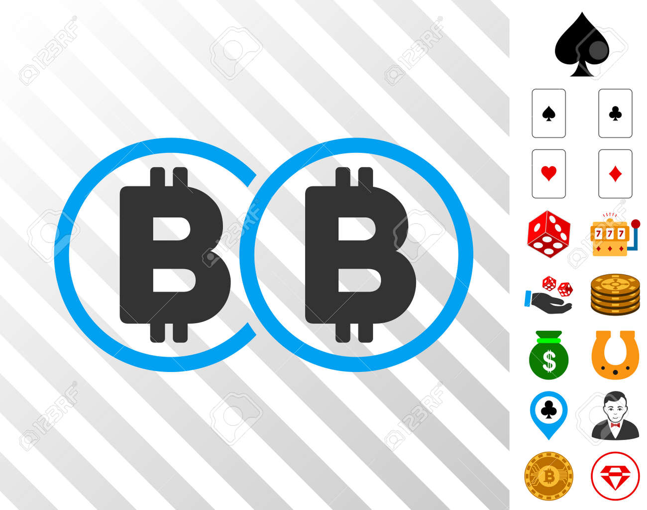 Pictograma De Bitcoin Duplo Com Ícones Gráficos De Cassino De Bônus. Estilo  De Ilustração Vetorial É Plana Icónicos Símbolos. Projetado Para Jogar Gui.  Ilustraciones svg, vectoriales, clip art vectorizado libre de derechos.