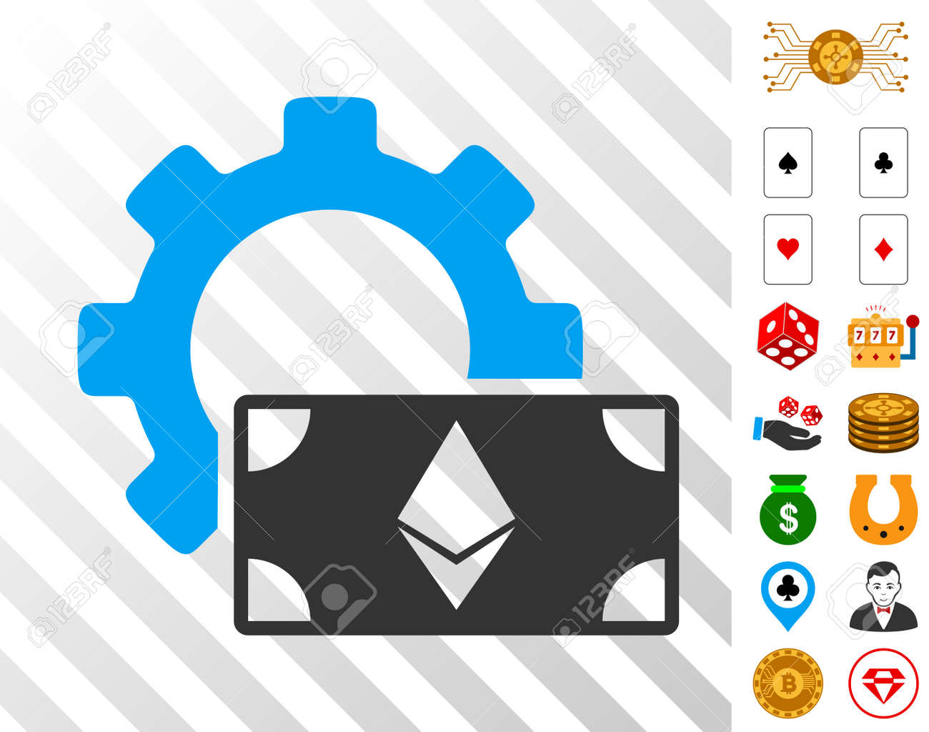 이더 리움 지폐 옵션 보너스 도박 그래픽 아이콘이있는 기어 그림 문자. 벡터 일러스트 레이 션 스타일은 플랫 아이코 닉 기호입니다.  카지노 GUI를 위해 설계되었습니다. 로열티 무료 사진, 그림, 이미지 그리고 스톡포토그래피. Image
