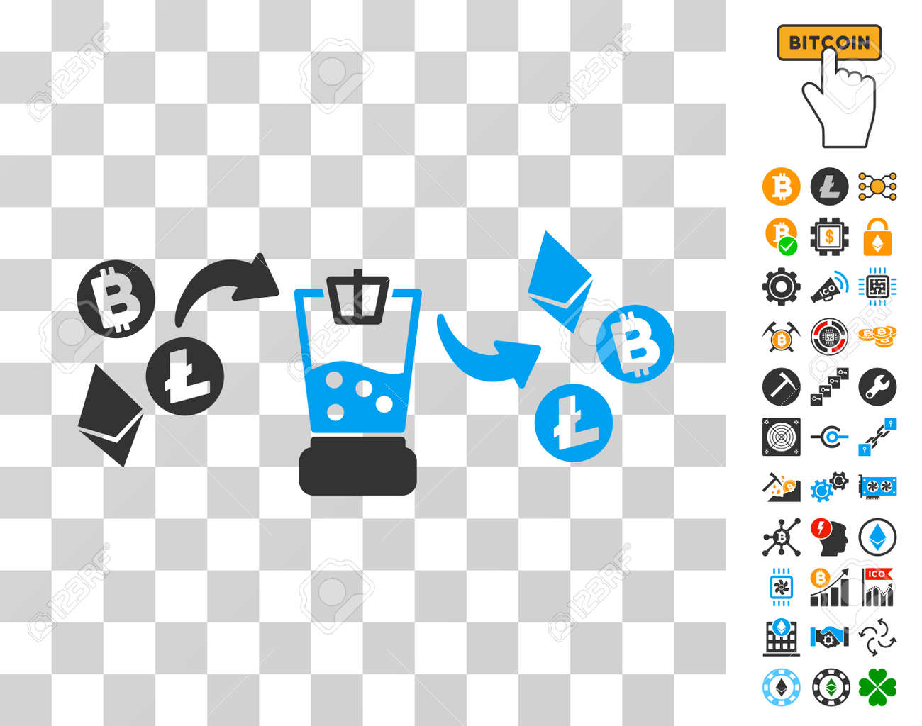 보너스 비트 코인 채굴 및 블록 체인 그래픽 아이콘이있는 암호 화폐 믹서 그림 문자. 벡터 일러스트 레이 션 스타일은 플랫 아이코 닉  기호입니다. 암호화 통화 UI 도구 모음을 위해 설계되었습니다. 로열티 무료