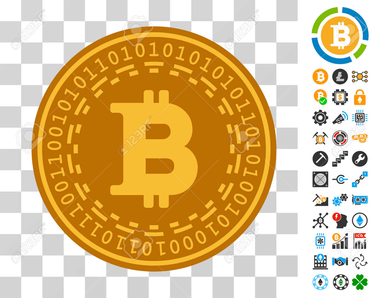 보너스 비트 코인 채굴 및 블록 체인 디자인 요소가있는 비트 코인 디지털 코인 아이콘. 벡터 일러스트 레이 션 스타일은 플랫 아이코닉  기호입니다. 암호화 통화 앱을 위해 설계되었습니다. 로열티 무료 사진, 그림, 이미지