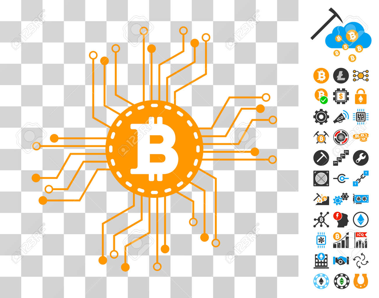 Pictograma Del Esquema De Circuito De Bitcoin Con Imágenes Extra De Minería  De Bitcoin E Blockchain. El Estilo De Ilustración Vectorial Es Símbolos  Icónicos Planos. Diseñado Para Aplicaciones De Criptomonedas. Ilustraciones  svg,