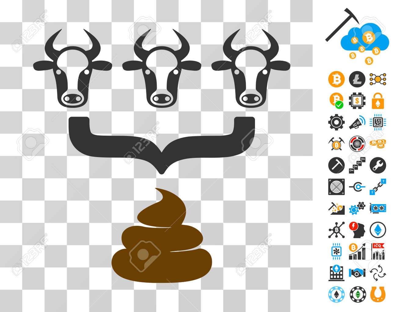 보너스 Bitcoin 마이닝 및 Blockchain 사진과 함께 암소 비료 Aggregator 깔때기 아이콘. 벡터 일러스트 레이 션  스타일 플랫 아이코 닉 기호입니다. 암호화 통화 소프트웨어 용으로 설계되었습니다. 로열티 무료 사진, 그림, 이미지 그리고