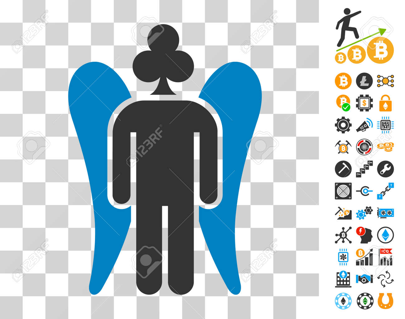 Ícone De Anjo De Jogo Com Ícones Gráficos De Mineração E Blockchain De  Bitcoin De Bônus. Estilo De Ilustração Vetorial É Plana Icónicos Símbolos.  Projetado Para Aplicativos De Criptomoeda. Ilustraciones svg, vectoriales,