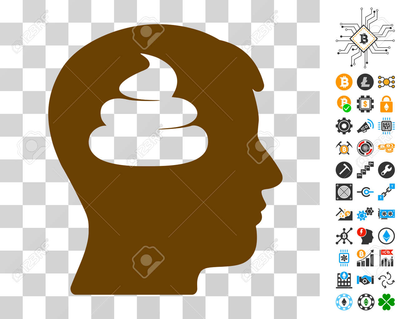 Shit Brains 보너스 비트 코닝 마이닝 및 블록 체인 아이콘이있는 헤드 그림 문자. 벡터 일러스트 레이 션 스타일 플랫 아이코  닉 기호입니다. 블록 체인 UI 도구 모음 용으로 설계되었습니다. 로열티 무료 사진,