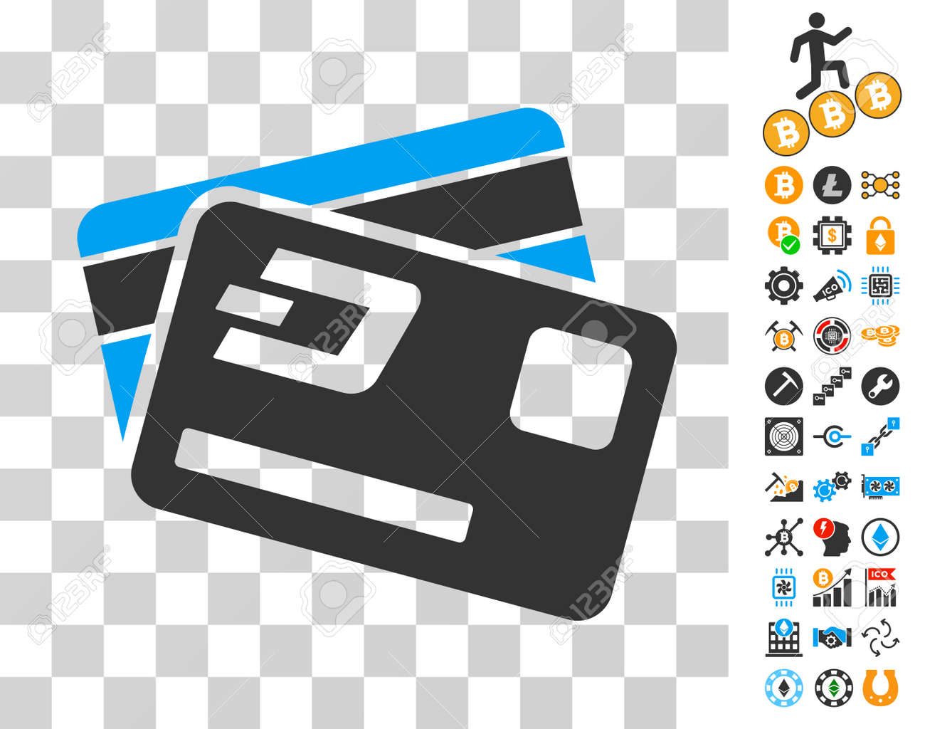 보너스 비트 코인 채굴 및 블록 체인 아이콘이있는 대시 신용 카드 아이콘. 벡터 일러스트 레이 션 스타일은 플랫 아이코 닉 기호입니다.  암호 화폐 앱을 위해 설계되었습니다. 로열티 무료 사진, 그림, 이미지 그리고