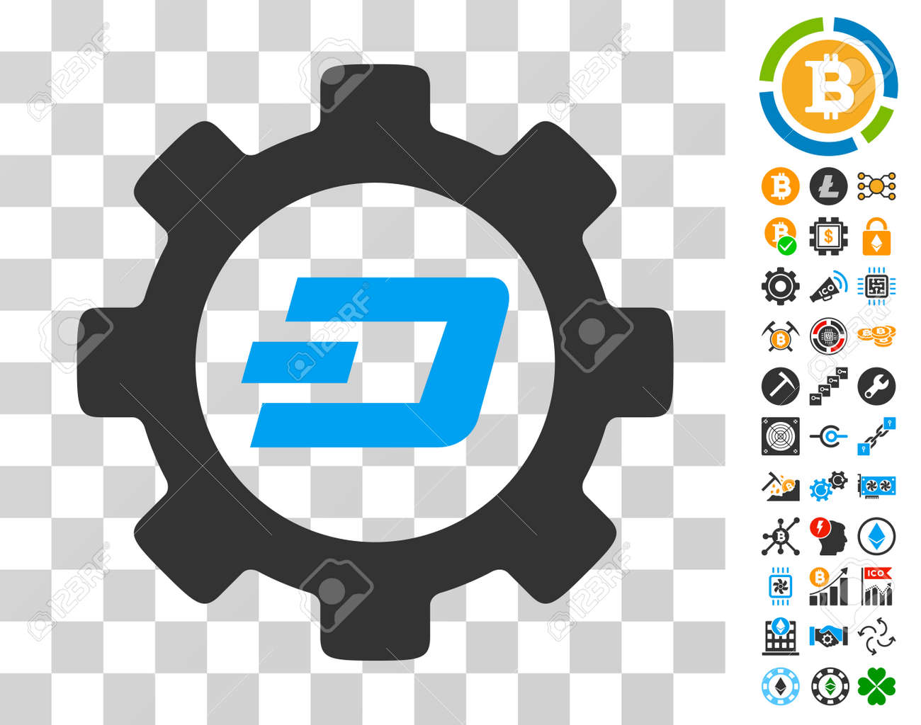 Dash Options 보너스 Bitcoin 마이닝 및 블록 체인 픽토그램이있는 기어 아이콘. 벡터 일러스트 레이 션 스타일 플랫  아이코 닉 기호입니다. 블록 체인 UI 도구 모음 용으로 설계되었습니다. 로열티 무료 사진, 그림, 이미지