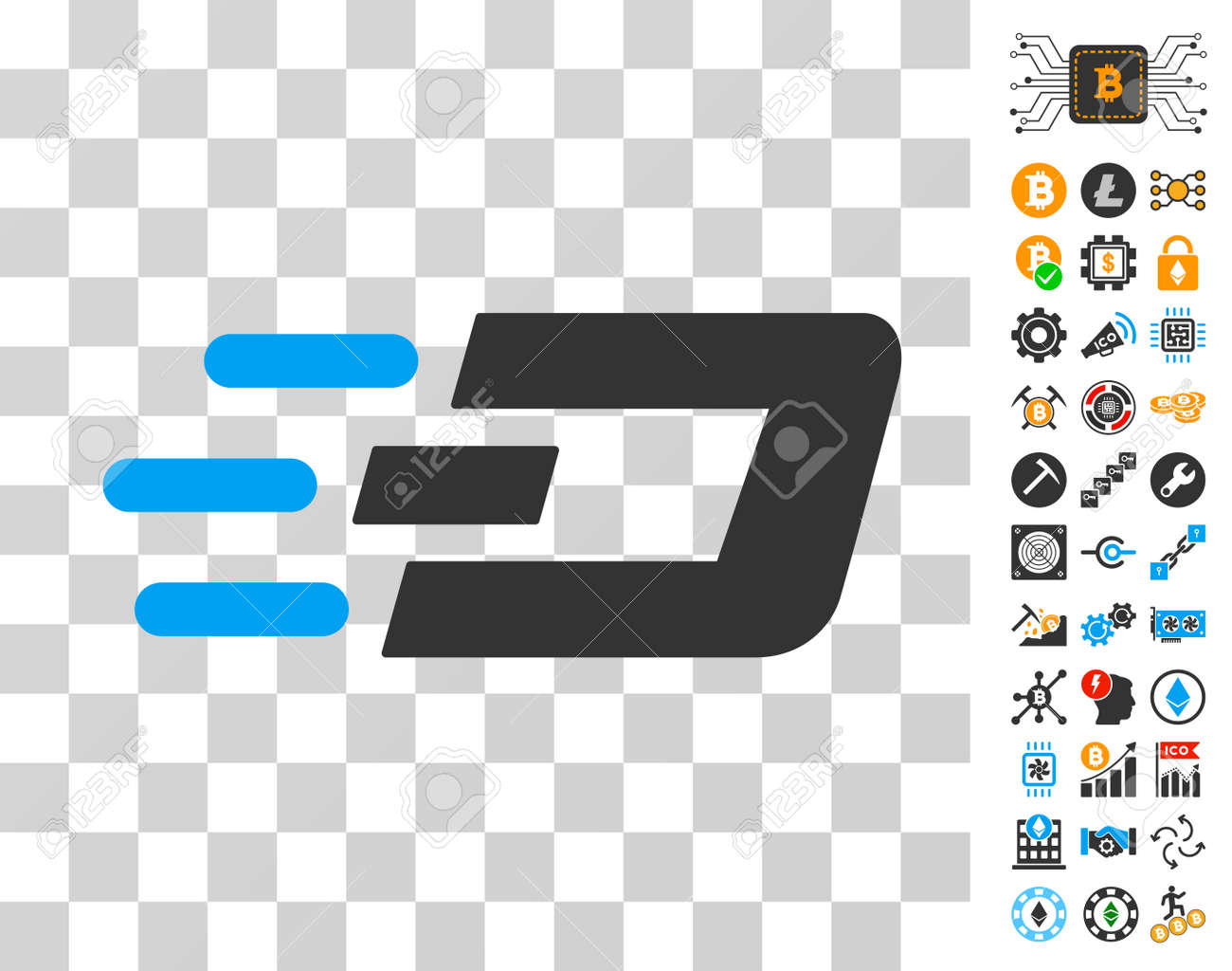 보너스 비트 코인 채굴 및 블록 체인 그림 문자가있는 빠른 보내기 대시 그림 문자. 벡터 일러스트 레이 션 스타일은 플랫 아이코 닉  기호입니다. Cryptocurrency 웹 사이트를 위해 설계되었습니다. 로열티 무료 사진, 그림,