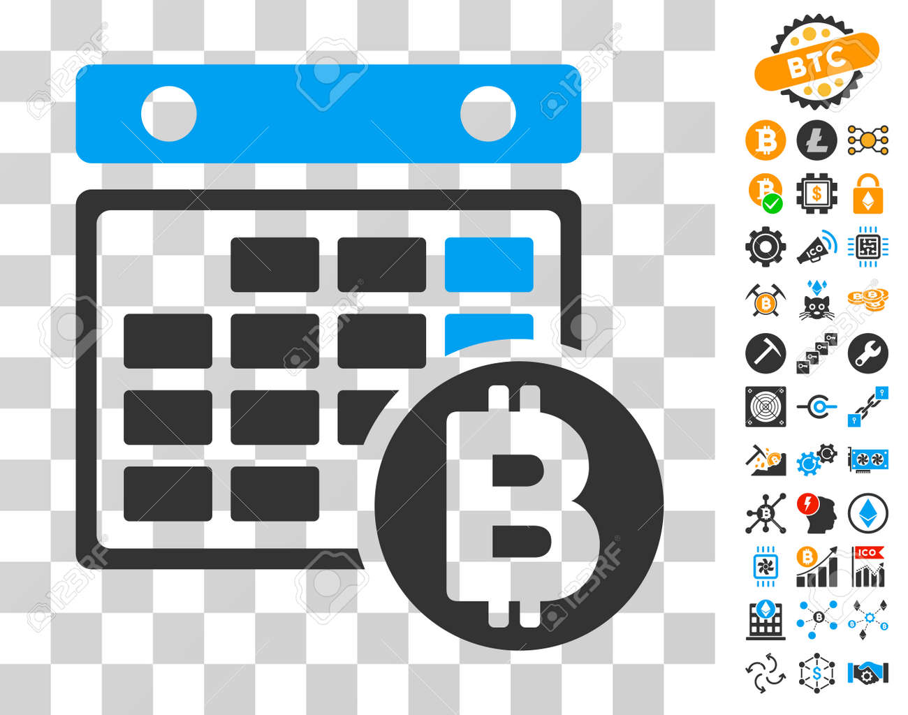 보너스 비트 코인 채굴 및 블록 체인 디자인 요소가있는 비트 코인 달력 그림 문자. 벡터 일러스트 레이 션 스타일은 플랫 아이코 닉  기호입니다. 암호화 통화 UI 도구 모음을 위해 설계되었습니다. 로열티 무료