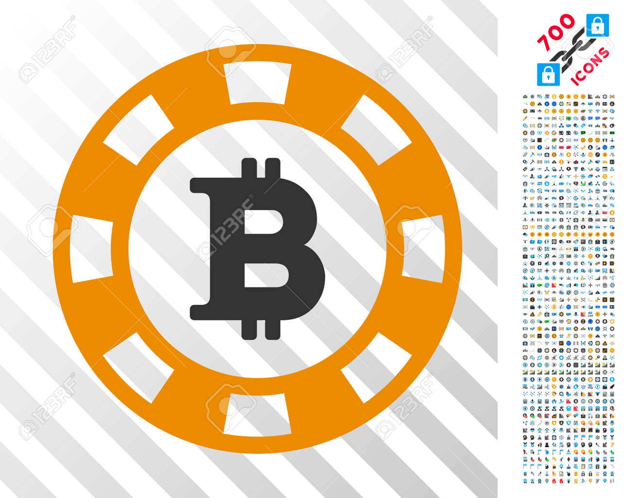 700 보너스 비트 코인 채굴 및 블록 체인 이미지가있는 비트 코인 카지노 칩 아이콘. 벡터 일러스트 레이 션 스타일은 Bitcoin  소프트웨어를 위해 설계된 평면 상징적 인 기호입니다. 로열티 무료 사진, 그림, 이미지