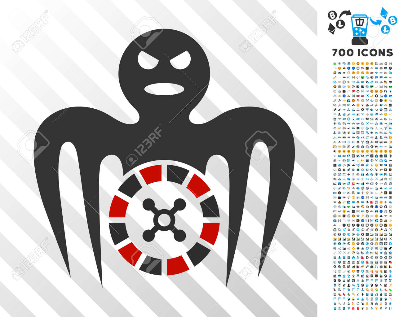 룰렛 유령 7 백 보너스 Bitcoin 마이닝 및 Blockchain 기호로 몬스터 아이콘. 벡터 일러스트 레이 션 스타일은  Cryptocurrency 애플 리케이션을 위해 설계 플랫 아이코닉 기호입니다. 로열티 무료 사진, 그림, 이미지 그리고 스톡포토그래피.