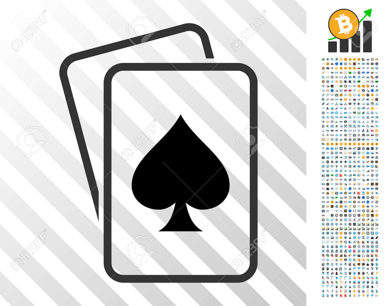 7 백 개의 보너스 비트 코인 채굴 및 블록 체인 디자인 요소가있는 스페이드 도박 카드 아이콘. 벡터 일러스트 레이 션 스타일은 암호화  통화 소프트웨어를 위해 설계된 평면 상징적 인 기호입니다. 로열티 무료