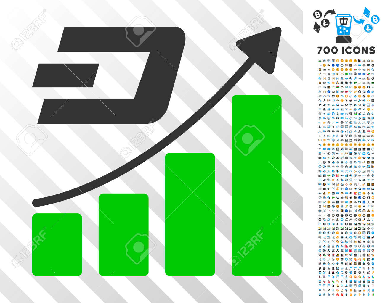 Dash Growth Trend 픽트 그래프 700 보너스 Bitcoin 마이닝 및 Blockchain 사진. 벡터 일러스트 레이 션  스타일 Cryptocurrency 소프트웨어를 위해 설계 플랫 아이코 닉 기호입니다. 로열티 무료 사진, 그림, 이미지 그리고  스톡포토그래피.