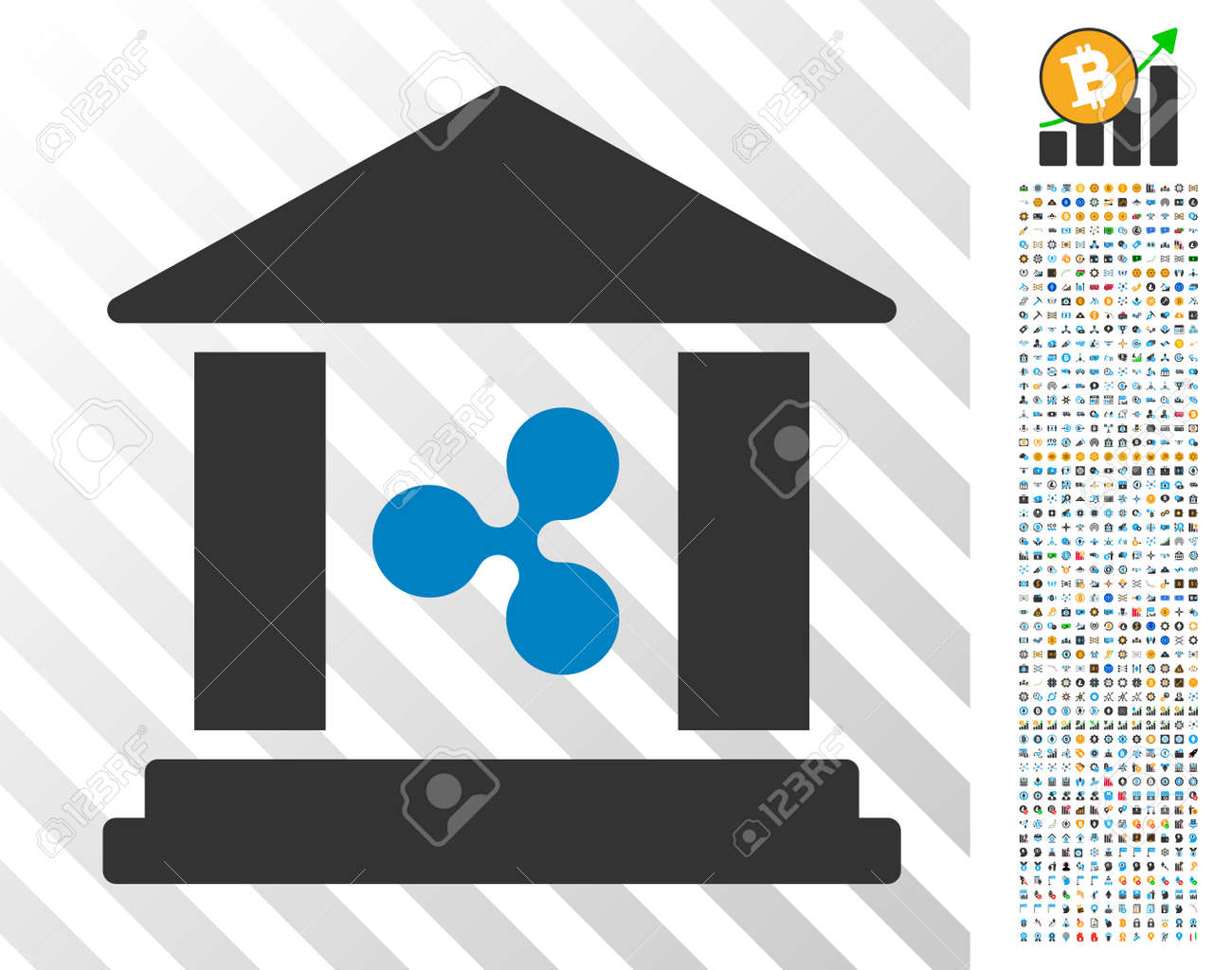 리플 은행 건물 아이콘 7 백 보너스 Bitcoin 마이닝 및 Blockchain 클립 아트. 벡터 일러스트 레이 션 스타일 플랫  아이코닉 기호 암호화 통화 애플 리 케이 션을 위해 설계되었습니다. 로열티 무료 사진,