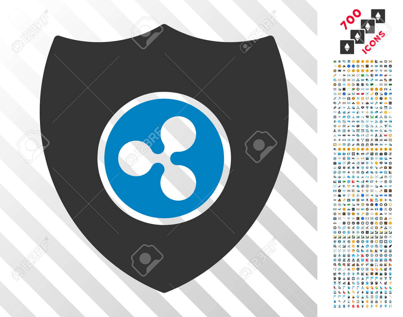 700 보너스 Bitcoin 마이닝 및 Blockchain 아이콘 리플 쉴드 그림 문자. 벡터 일러스트 레이 션 스타일  Cryptocurrency 소프트웨어를 위해 설계 플랫 아이코 닉 기호입니다. 로열티 무료 사진, 그림, 이미지 그리고 스톡포토그래피.  Image