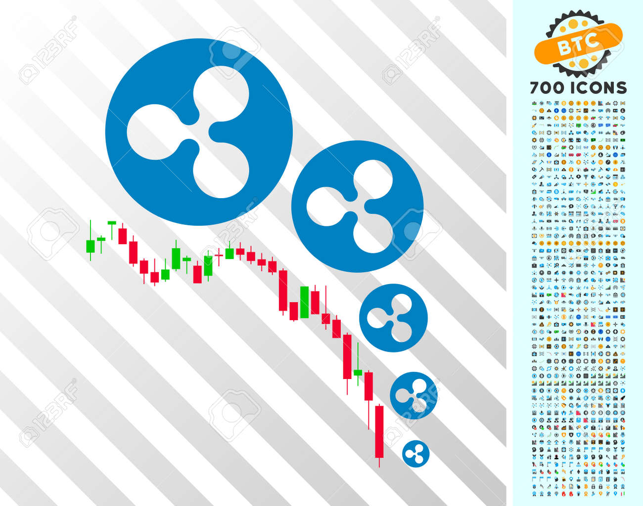 7 백 보너스 Bitcoin 마이닝 및 Blockchain 이미지가있는 리플 디플레이션 차트 그림 문자. 벡터 일러스트 레이 션 스타일  플랫 아이코 닉 기호 암호화 통화 웹 사이트를 위해 설계되었습니다. 로열티 무료 사진, 그림,