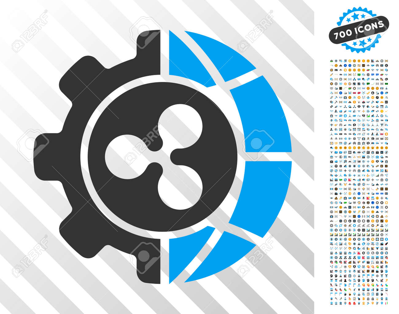 7 백 개의 보너스 비트 코인 채굴 및 블록 체인 상형이 포함 된 리플 세계 산업 상형. 벡터 일러스트 레이 션 스타일은 블록 체인 웹  사이트를 위해 설계된 평면 상징적 인 기호입니다.