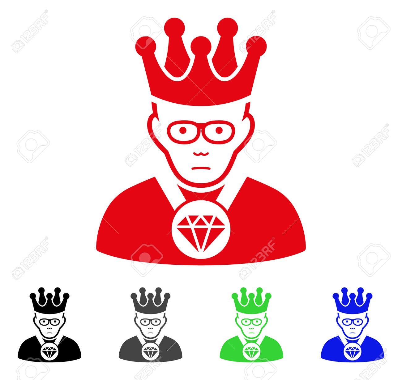 哀れなオールドキングベクトルアイコン。ベクトルイラストスタイルは、グレー、ブラック、ブルー、レッド、グリーンカラーのバリエーションを持つフラットな象徴的な古い王のシンボルです。顔は、ドール気分を持っています。のイラスト素材・ベクター  Image 94371549