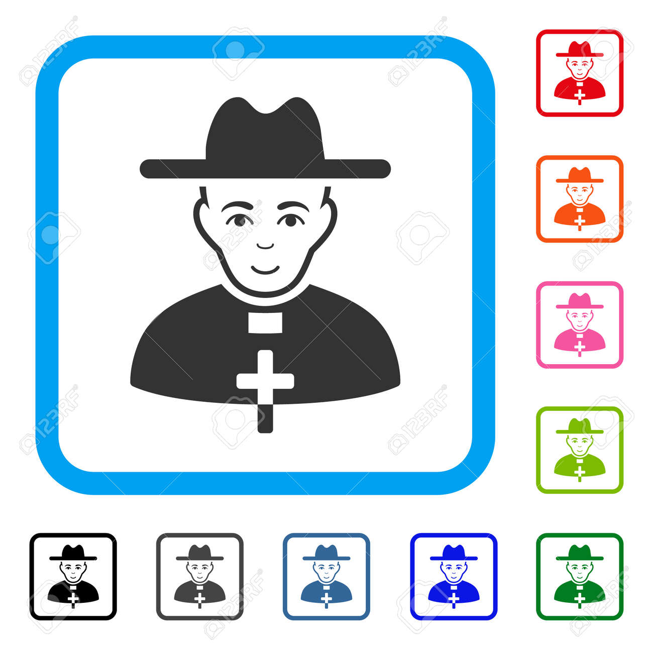가톨릭 프리스트 벡터 아이콘을 즐기십시오. 사람의 얼굴에는 긍정적 인 느낌이 있습니다. 둥근 사각형 프레임 안에 검은 색, 회색,  녹색, 파란색, 빨간색, 주황색 버전의 카톨릭 사제 상징이 있습니다. 로열티 무료 사진, 그림, 이미지
