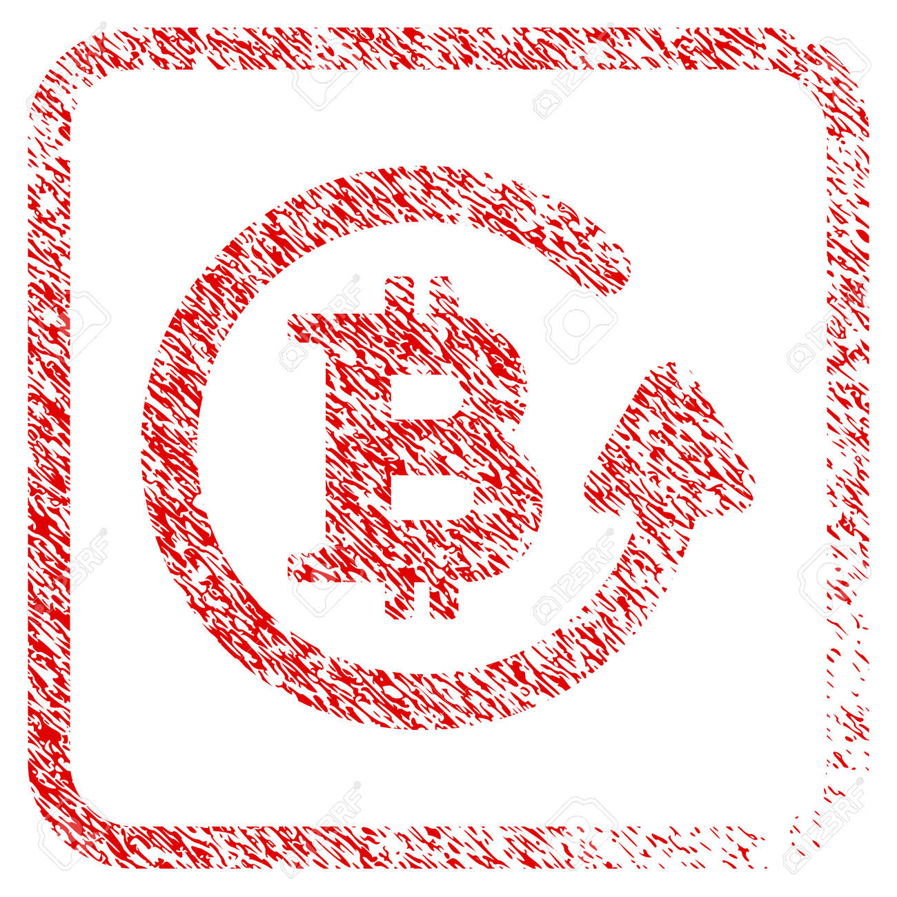 비트 코인 환불 고무 도장 스탬프 워터 마크. 그런 지 디자인 및 둥근 제곱 된 프레임 안에 더러운 질감 아이콘 래스터 기호. 비트 코인  환불의 긁힌 붉은 스탬프 모방. 로열티 무료 사진,