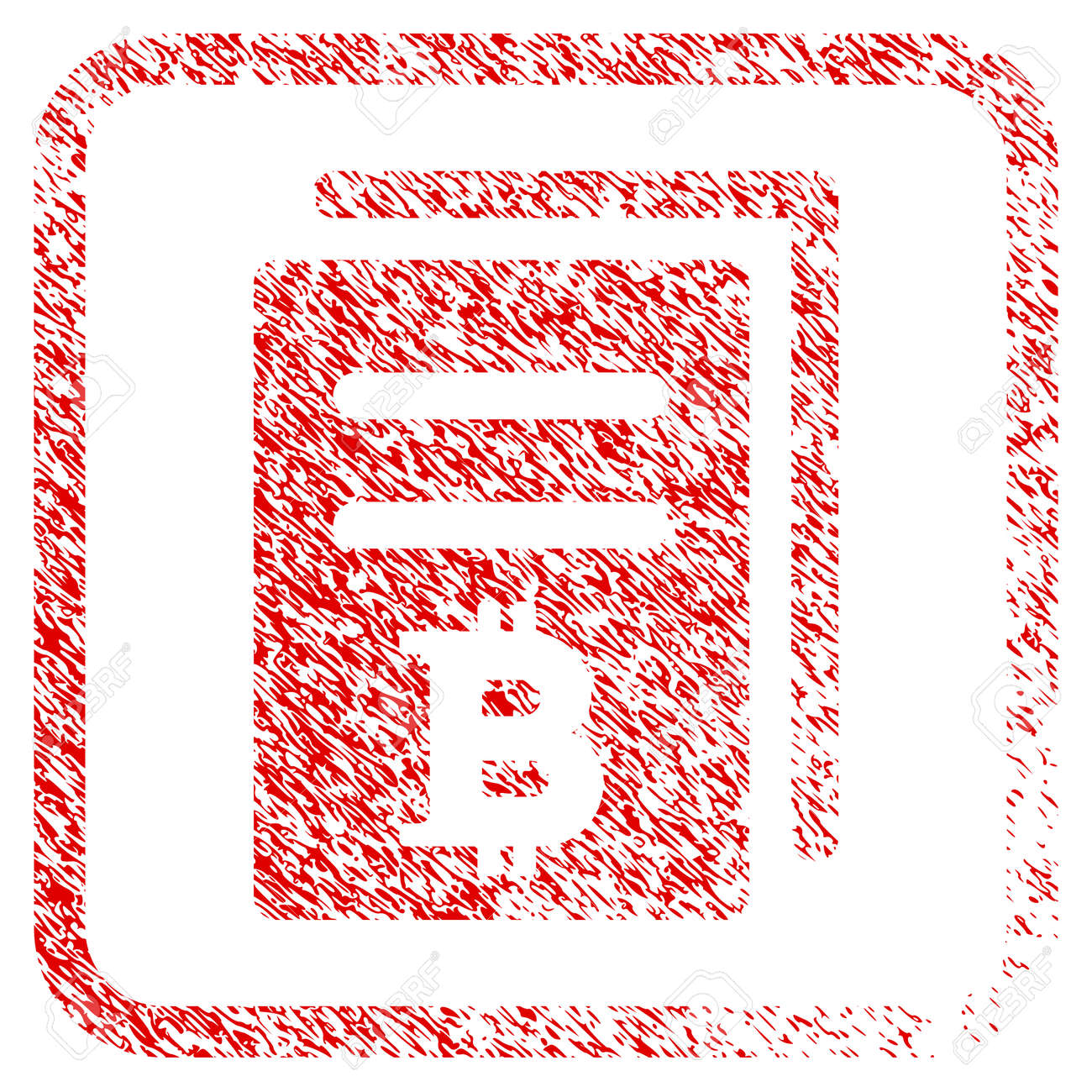 Bitcoin 가격 복사 고무 도장 스탬프 워터 마크. 그런 지 디자인 및 둥근 사각형 프레임 안에 부정한 질감 아이콘 래스터 기호.  비트 코인 가격 사본의 긁힌 된 빨간 표시입니다. 로열티 무료 사진,