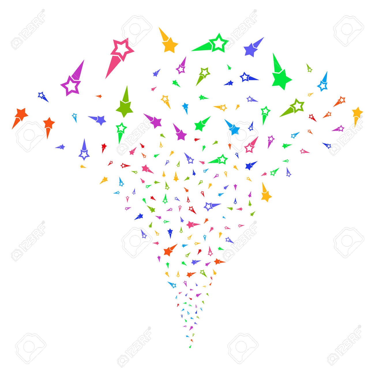 多色の紙吹雪の星が噴水を爆発させる オブジェクト噴水は 花火としてランダムな紙吹雪の星のアイコンから整理 ベクトルイラスト スタイルは サイケデリックな色を持つフラットな象徴的なシンボルです のイラスト素材 ベクタ Image