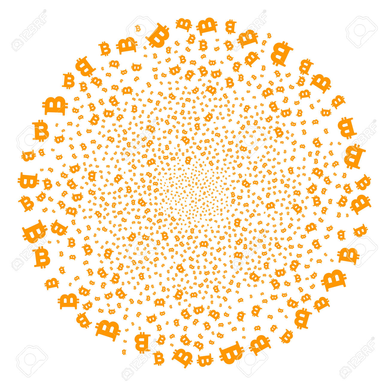 비트 코인 축제 소. 분산 된 비트 코인 디자인 요소에서 버스트 글로 블로 결합 된 객체 패턴. 벡터 일러스트 레이 션 스타일은 플랫  아이코 닉 기호입니다. 로열티 무료 사진, 그림, 이미지 그리고