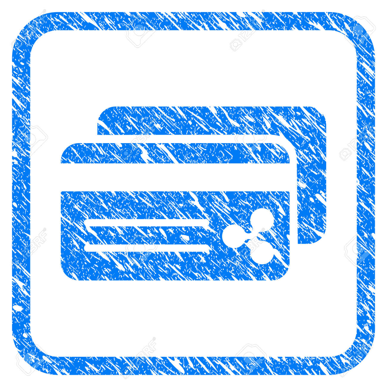 리플 은행 카드 고무 씰 스탬프 모방. 둥근 사각형 프레임 안에 그런 지 디자인과 부식 질감 아이콘 벡터 기호입니다. 흰색 배경에 긁힌  된 파란색 스탬프 모방 로열티 무료 사진, 그림, 이미지 그리고