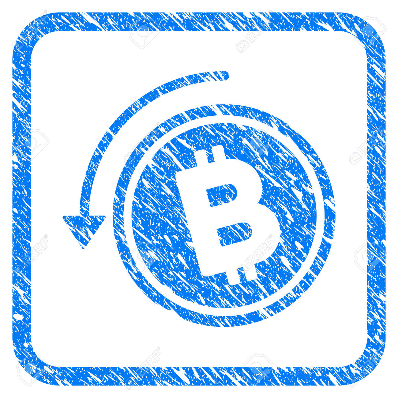 現金ゴム印印透かし ビットコイン払い戻し 丸みを帯びた正方形フレーム内のグランジデザインと腐食テクスチャを持つアイコンベクトルシンボル 白い背景に傷が付いた青いサイン の イラスト素材 ベクタ Image