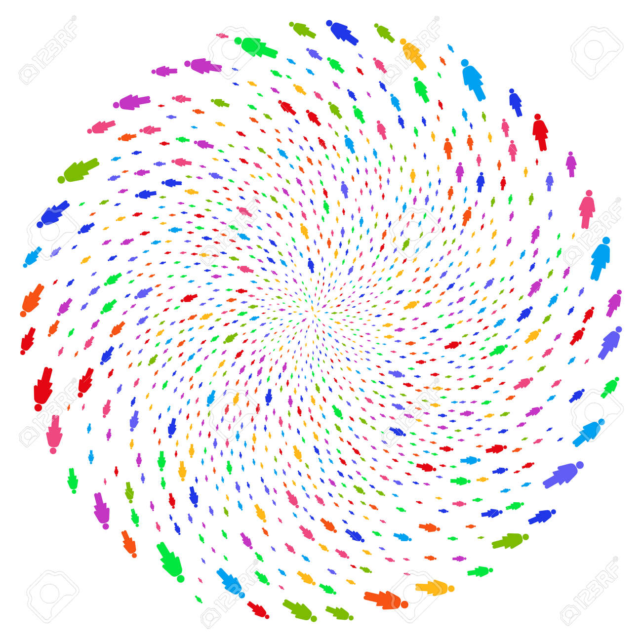 魅力的な女性の人は爆発を渦巻く 催眠サイクロンと散在する女性の要素を組み合わせたものです ベクトルイラストスタイルは フラットな象徴的なシンボルです のイラスト素材 ベクタ Image