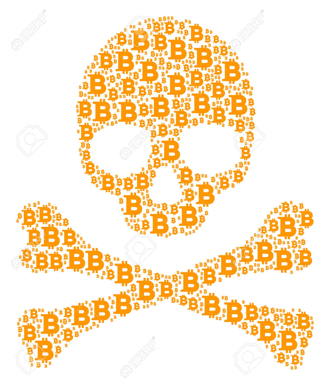 비트 코인 픽토그램으로 구성된 스컬 콜라주. 벡터 비트 코인 디자인 요소는 기하학적 공포 구성으로 통합됩니다. 로열티 무료 사진,  그림, 이미지 그리고 스톡포토그래피. Image 97543311