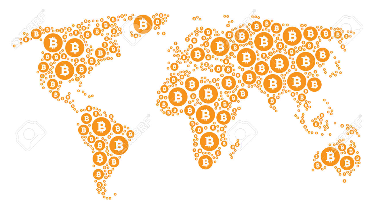 ビットコインコインアイコンで構成されたグローバル世界アトラスコラージュ。ベクトルビットコインコインピクトグラムはモザイク地球パターンに構成されています。のイラスト素材・ベクター  Image 97814444