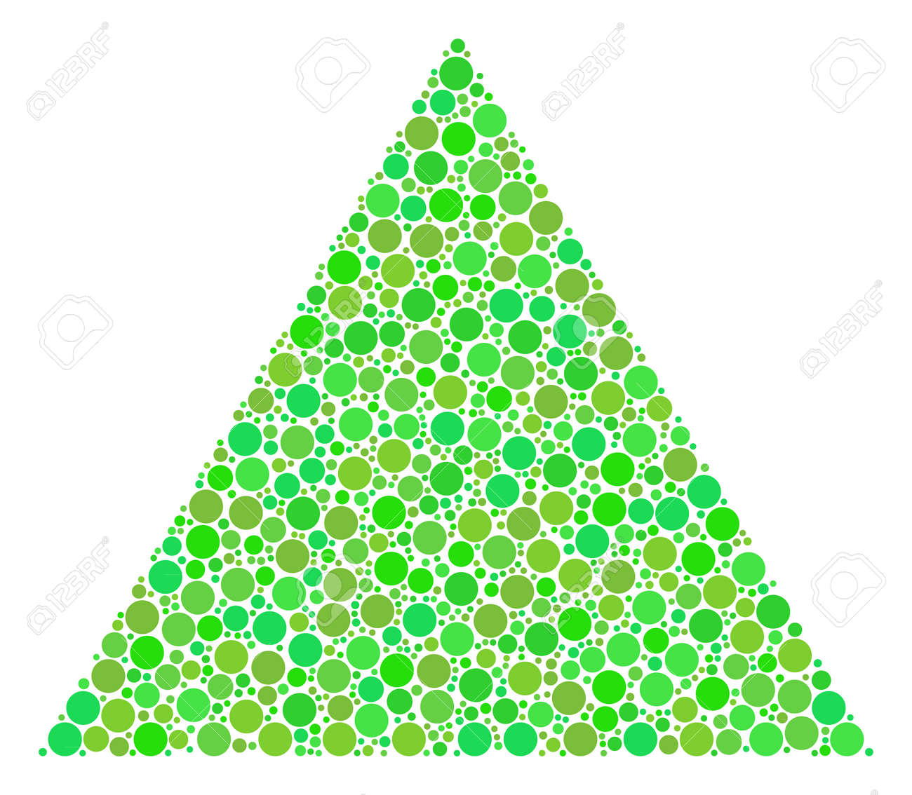 可変サイズとエコグリーンの色調の円要素の塗りつぶされた三角形のモザイク ベクトルラウンドドットは 塗りつぶされた三角形のイラストに結合されます オーガニック ベクターの図 のイラスト素材 ベクタ Image