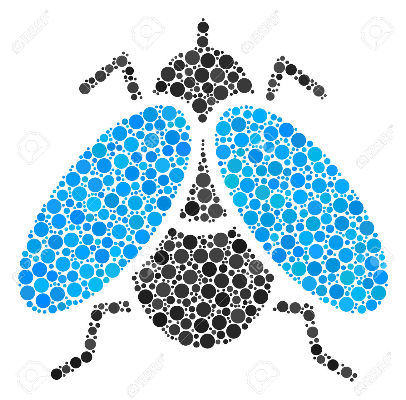 様々なサイズと色の色合いで丸いドットの飛ぶ昆虫のコラージュ 円のドットは フライ昆虫ベクトルのイラストに構成されています ベクトルのイラスト の イラスト素材 ベクタ Image
