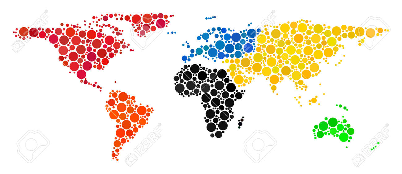 world map mosaic of spheric dots in variable sizes random round