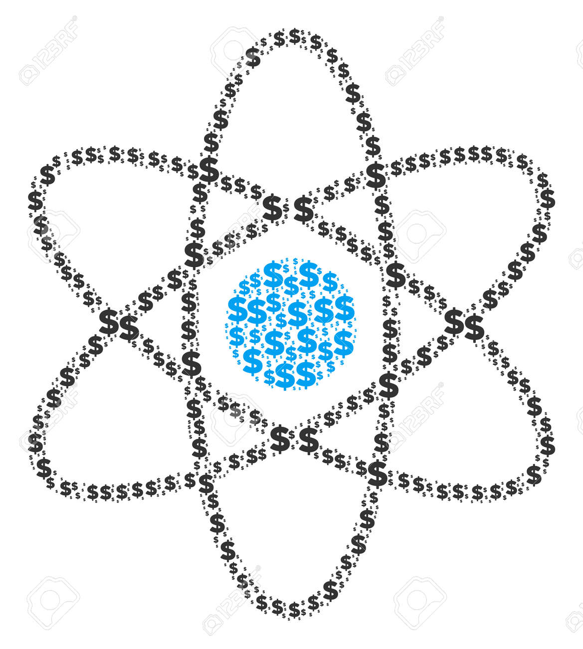 달러와 둥근 점의 원자 구성. 벡터 달러 통화 픽토그램은 원자 그림으로 그룹화됩니다. 로열티 무료 사진, 그림, 이미지 그리고  스톡포토그래피. Image 101043435