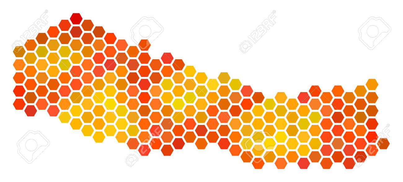 nepal map raster hexagon territory scheme in bright orange color