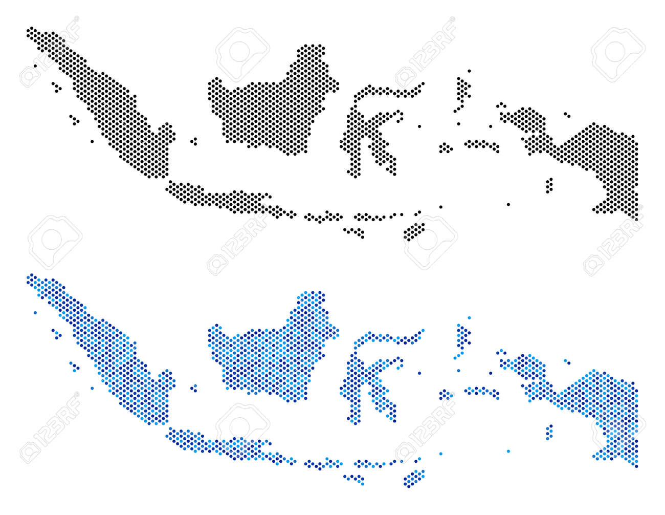 Dotted Indonesia map variants. Vector territorial plans in black color and blue color variations. Abstract concept of Indonesia map composed from circle pixel pattern. - 103060066 Dotted Indonesia map variants. Vector territorial plans in black color and blue color variations. Abstract concept of Indonesia map composed from circle pixel pattern. - 103060066