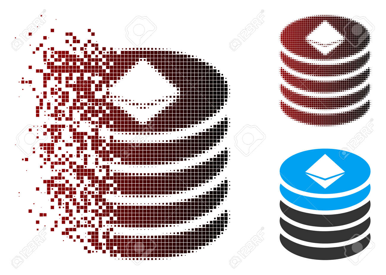 벡터 이더리움 코인 스택 아이콘은 용해되고 픽셀화된 하프톤 및 손상되지 않은 전체 변형입니다. 분해 효과는 직사각형 입자와 빨간색에서  검은색으로의 수평 그라데이션을 사용합니다. 로열티 무료 사진, 그림, 이미지 그리고 스톡포토그래피. Image 112201481