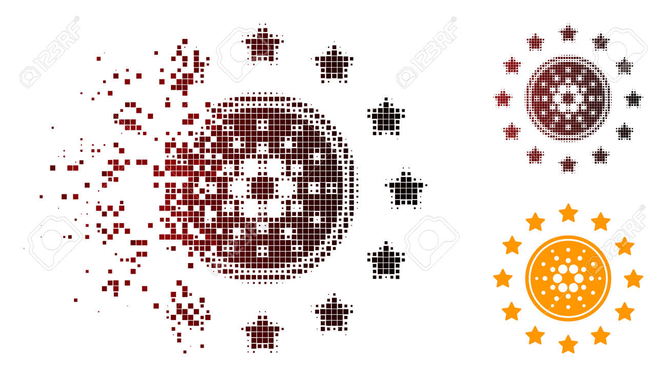 분산된 점선 하프톤의 샤인 카르다노 코인 아이콘과 손상되지 않은 전체 변형 입자는 벡터 사라지는 샤인 카르다노 코인 모양으로  배열됩니다. 로열티 무료 사진, 그림, 이미지 그리고 스톡포토그래피. Image 107126908