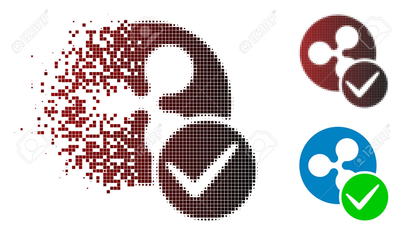분산된 점선 하프톤의 유효한 리플 코인 아이콘과 손상되지 않은 전체 버전 조각은 벡터 분산된 유효한 리플 코인 모양으로 배열됩니다.  로열티 무료 사진, 그림, 이미지 그리고 스톡포토그래피. Image 111573624
