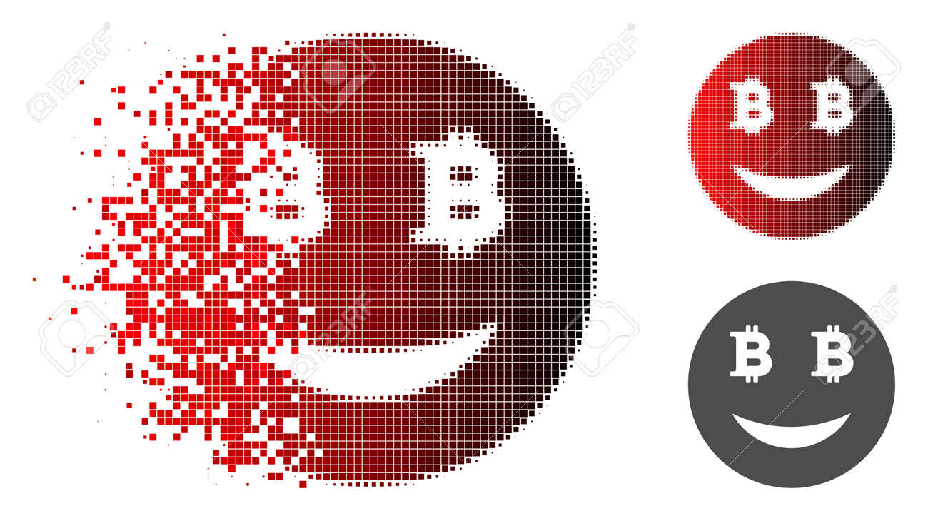 분산된 픽셀화된 하프톤의 다행스러운 비트코인 스마일 아이콘과 손상되지 않은 전체 버전 셀은 벡터 분산된 다행스러운 비트코인 스마일  아이콘으로 결합됩니다. 로열티 무료 사진, 그림, 이미지 그리고 스톡포토그래피. Image 107943208