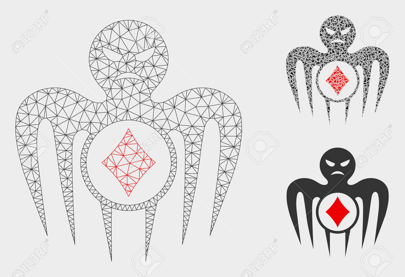 三角形のモザイクアイコンを持つメッシュギャンブルスペクターモンスターモデル。ギャンブルのモンスターのワイヤーフレームポリゴンネットワーク。可変サイズの三角形要素のベクトル構成と色の色合い。のイラスト素材・ベクター  Image 125562111