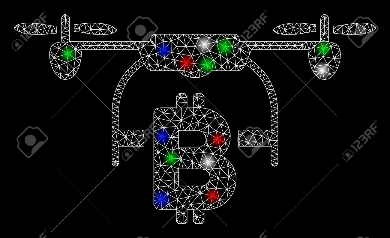 グレア効果のある明るいメッシュのビットコインドローン配信。黒の背景にベクトル形式の白いワイヤーカーカス多角形ネットワーク。多角形グリッド、丸いドット、のイラスト素材・ベクター  Image 131154705