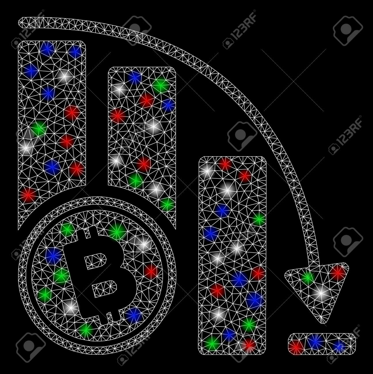 눈부심 효과가 있는 밝은 메쉬 비트코인 낙하 가속 차트 검정색 배경 추상 2d 메쉬에 벡터 형식의 흰색 와이어 프레임 다각형 메쉬가  삼각형 선 둥근 점으로 디자인됨 로열티 무료 사진, 그림, 이미지 그리고