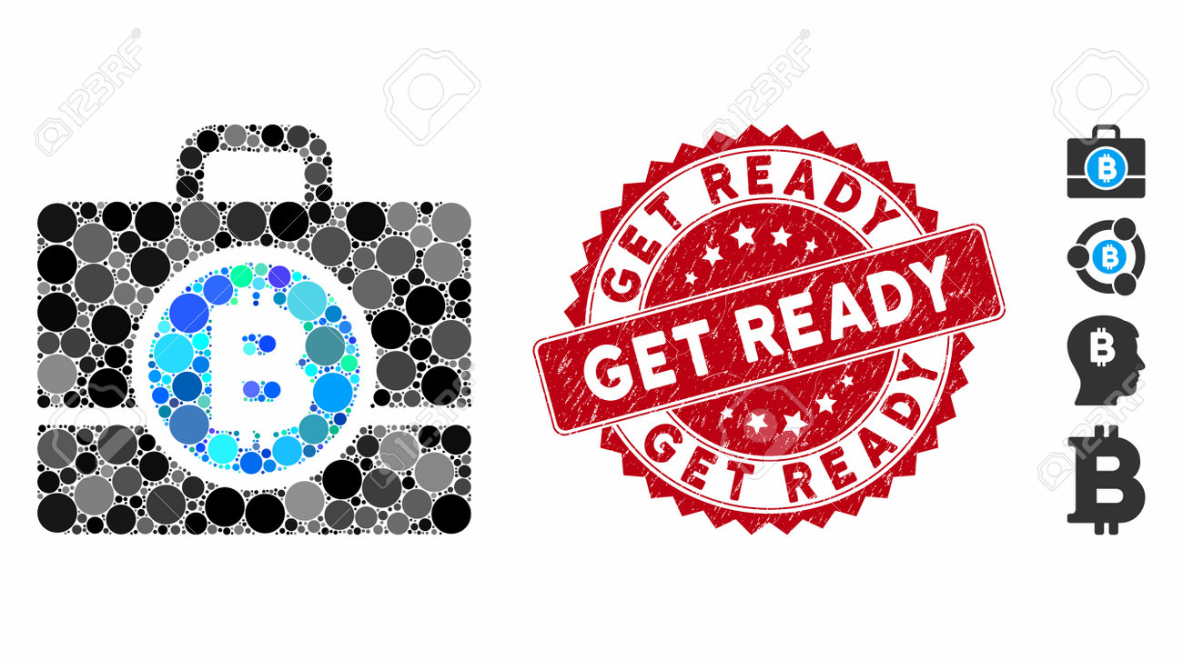 コラージュビットコインケースアイコンとGetReadyテキスト付きのラバースタンプシール。モザイクベクトルは、ビットコインのケースアイコンとランダム化された丸いアイテムで構成されています。  Get Readyスタンプシールは赤い色を使用し、のイラスト素材・ベクター Image ...