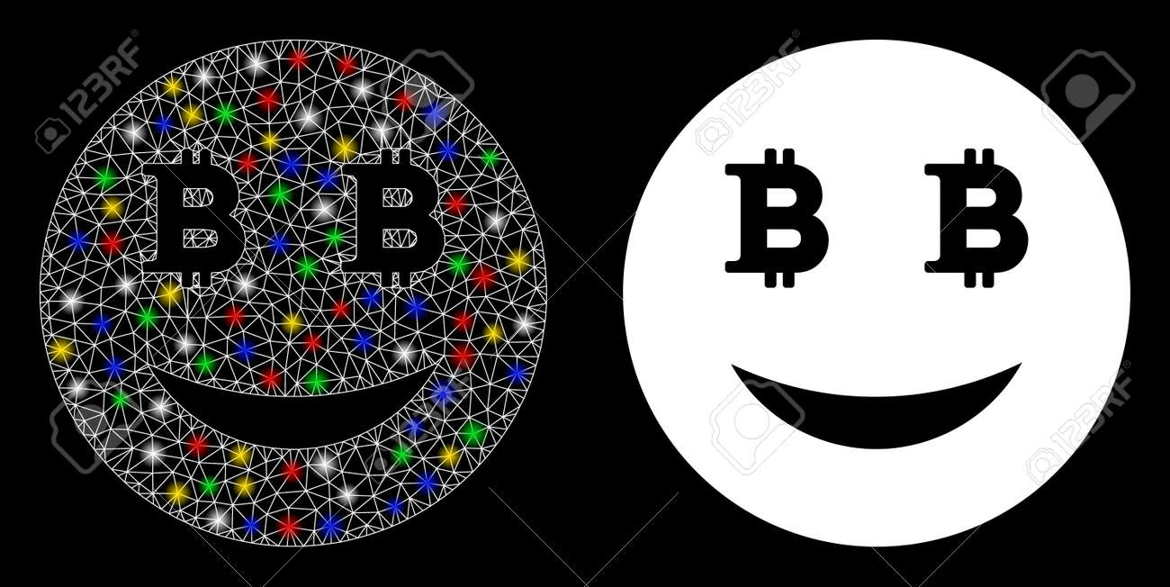 밝은 메쉬 글로우 효과가 있는 기쁜 Bitcoin 웃는 아이콘. 기쁜 Bitcoin 스마일의 추상 조명 모델입니다. 빛나는 와이어  프레임 삼각형 메쉬 기쁜 Bitcoin 웃는 아이콘. 로열티 무료 사진, 그림, 이미지 그리고 스톡포토그래피. Image
