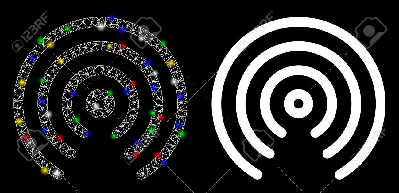 きらめき効果のある光沢のあるメッシュエアドロップセンターアイコン。エアドロップセンターの抽象的な照らされたモデル。光沢のあるワイヤーフレーム三角メッシュ エアドロップセンターアイコン。黒の背景にベクトルの抽象化。のイラスト素材・ベクター Image 136549901