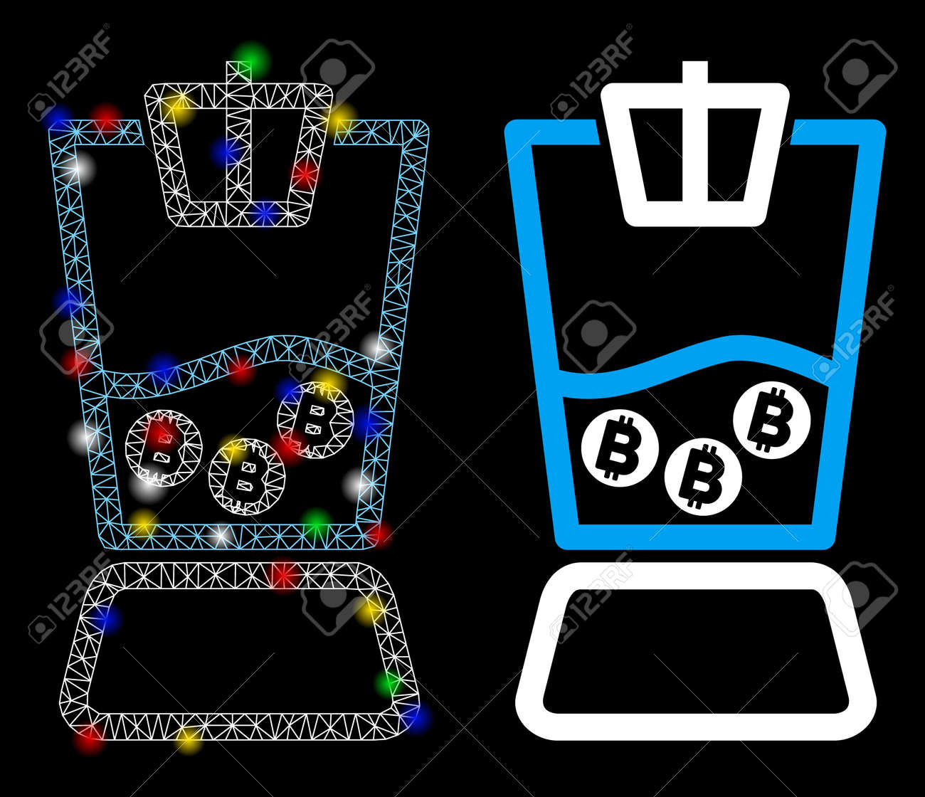 반짝이 효과가 있는 광택 있는 메쉬 비트코인 블렌더 아이콘 비트코인 블렌더 빛나는 와이어 프레임 삼각형 메쉬 비트코인 블렌더 아이콘  벡터 추상화 검정색 배경의 추상 조명 모델 로열티 무료 사진, 그림, 이미지 그리고