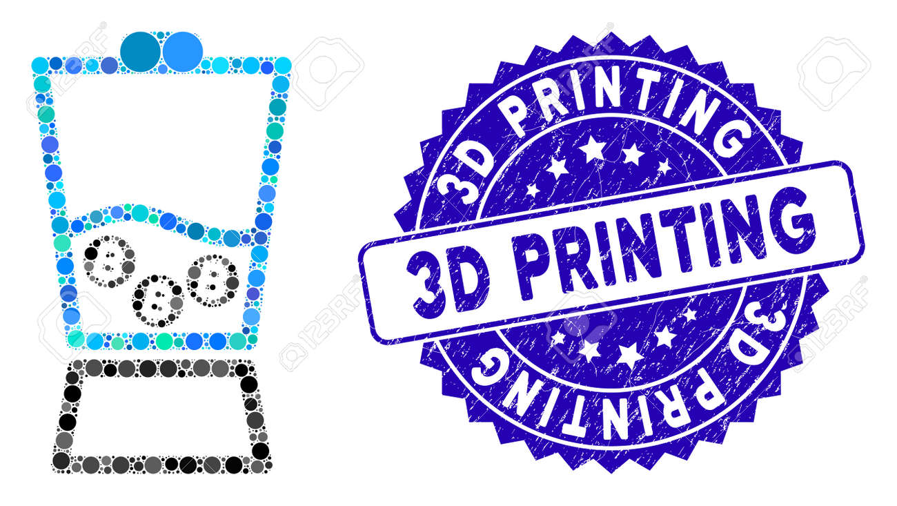 モザイクビットコインブレンダーアイコンと3D印刷テキスト付きのグランジスタンプ透かし。モザイクベクトルは、ビットコインブレンダーアイコンと散在する円要素で作成されます。のイラスト素材・ベクター  Image 137891087