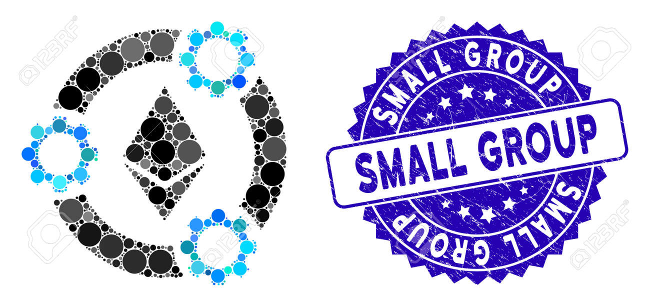 콜라주 이더리움 풀 협업 아이콘과 소그룹 텍스트가 있는 고민된 스탬프 봉인. Mosaic Vector는 Ethereum 풀 협업  픽토그램과 임의의 원 항목으로 디자인되었습니다. 로열티 무료 사진, 그림, 이미지 그리고 스톡포토그래피. Image 137403793